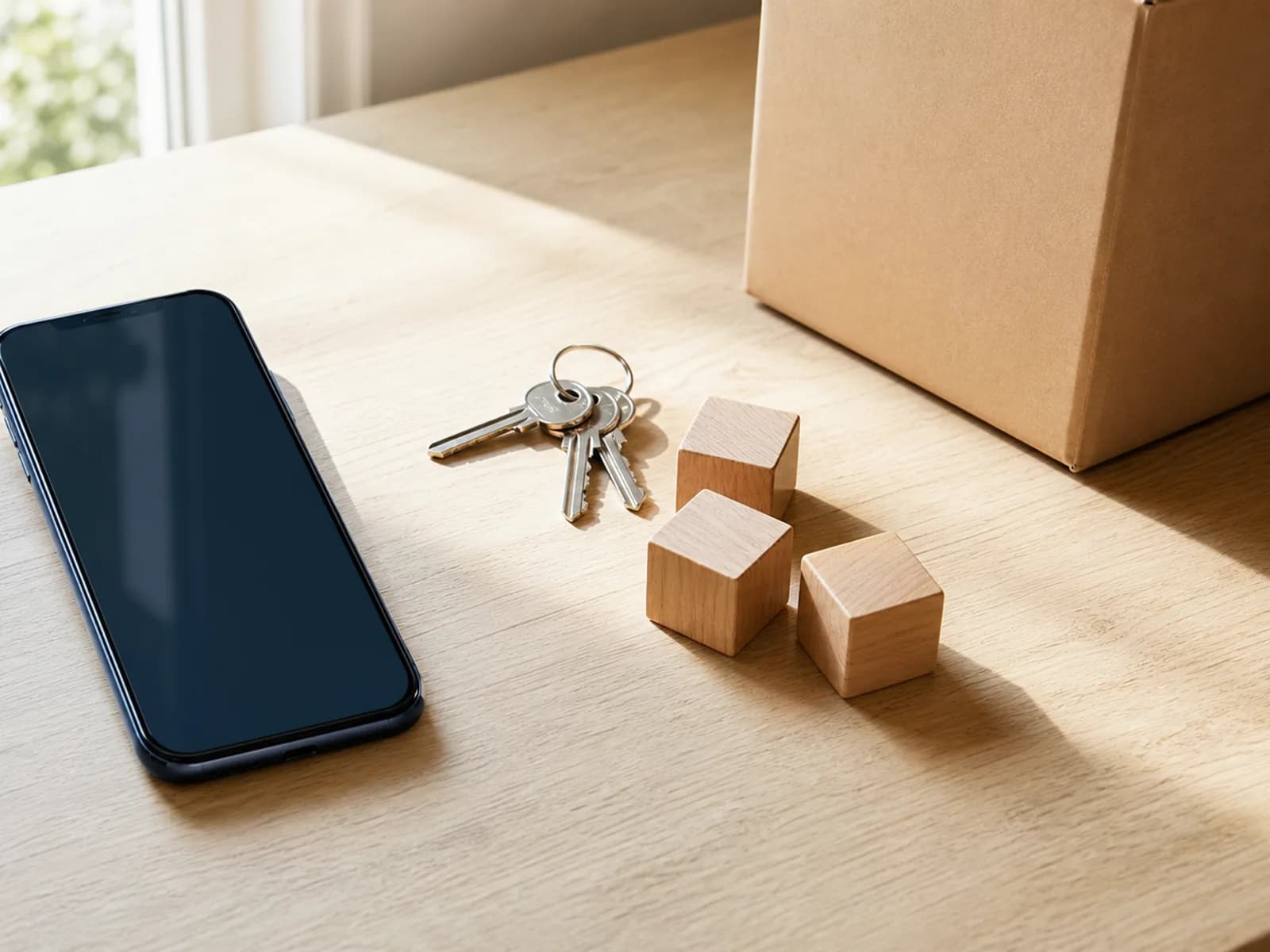 A smartphone lies beside a set of house keys, three small wooden blocks and a plain cardboard box on a pale wooden table by a window.