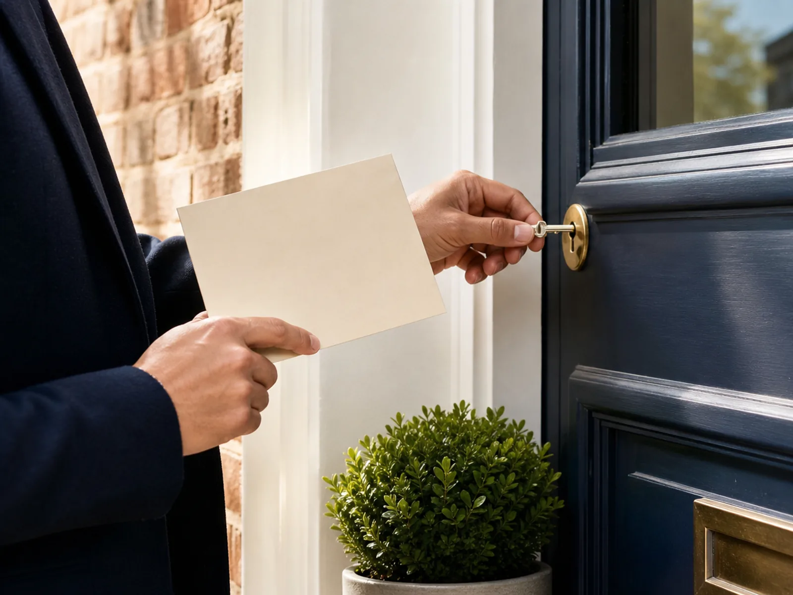 A person holds a blank cream letter while turning a brass key in the lock of a navy front door