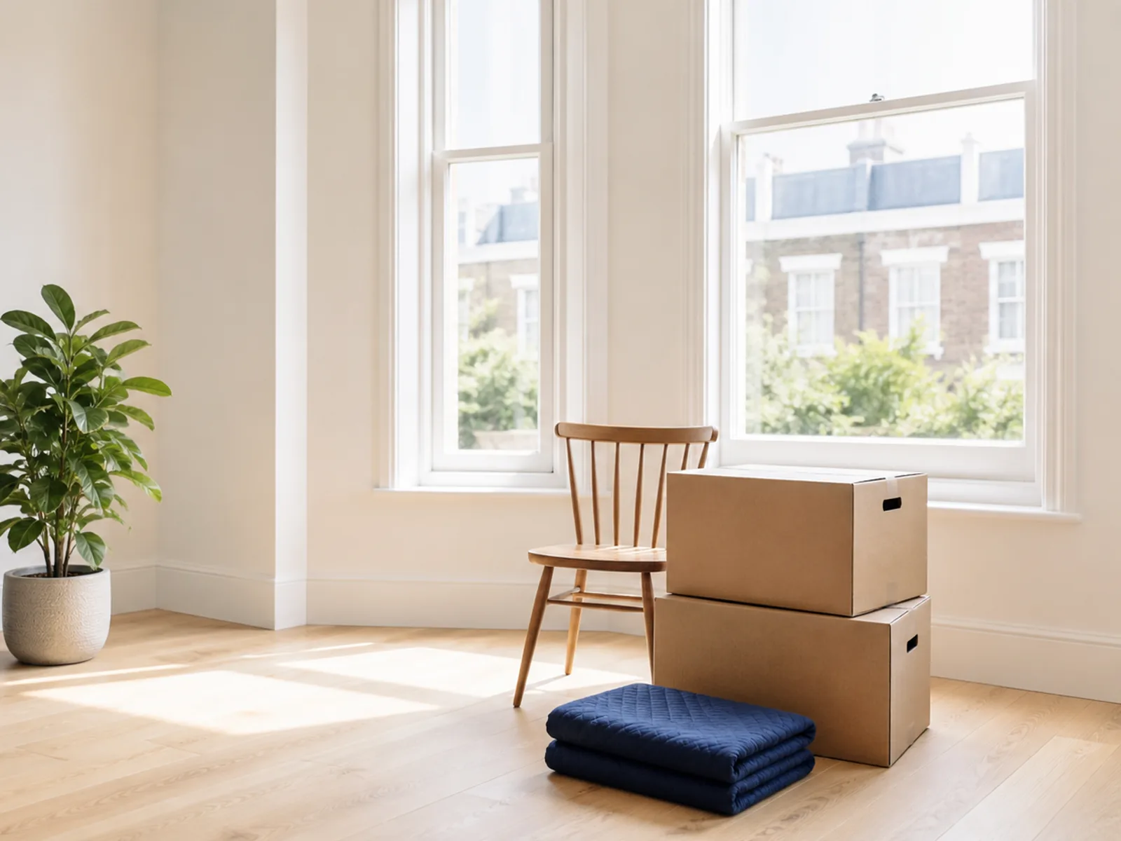 A wooden chair, stacked plain boxes and a folded navy blanket in a bright, sunlit period room with a bay window