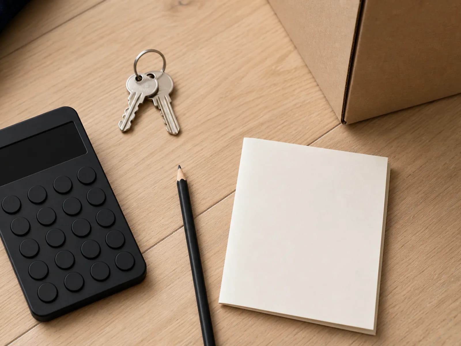 A calculator, house keys, a pencil and a blank notepad beside a plain moving box on a pale oak table
