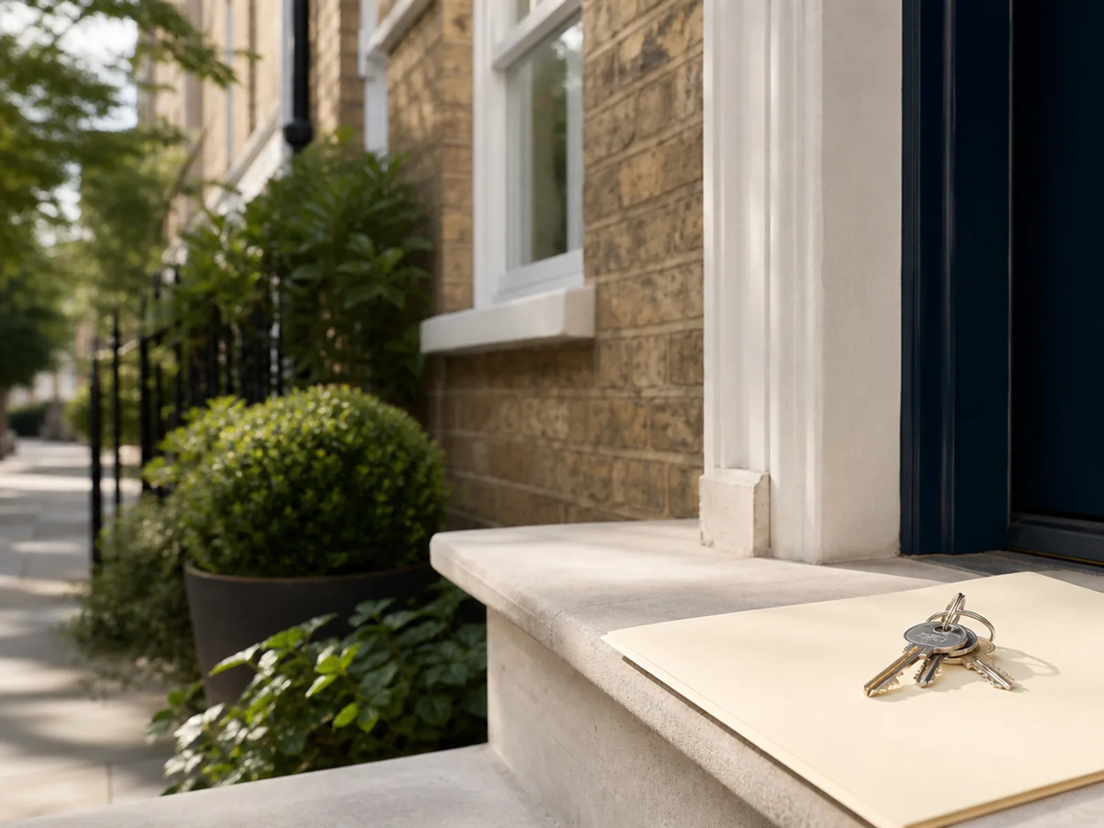 House keys resting on a blank cream document on the stone doorstep of a navy front door, a leafy London street behind