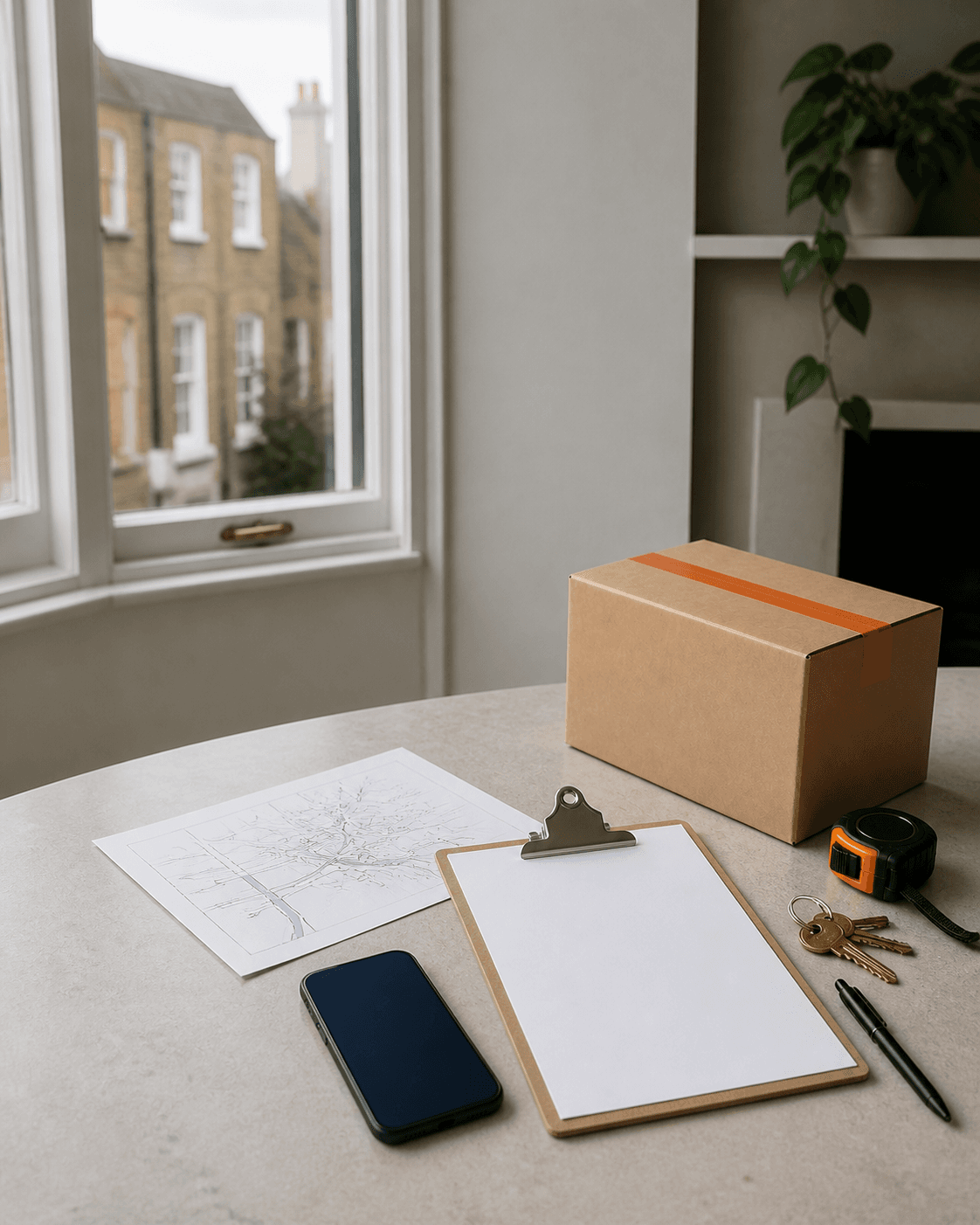 A blank moving inventory checklist, route notes, keys, phone, tape measure and sealed box arranged on a table