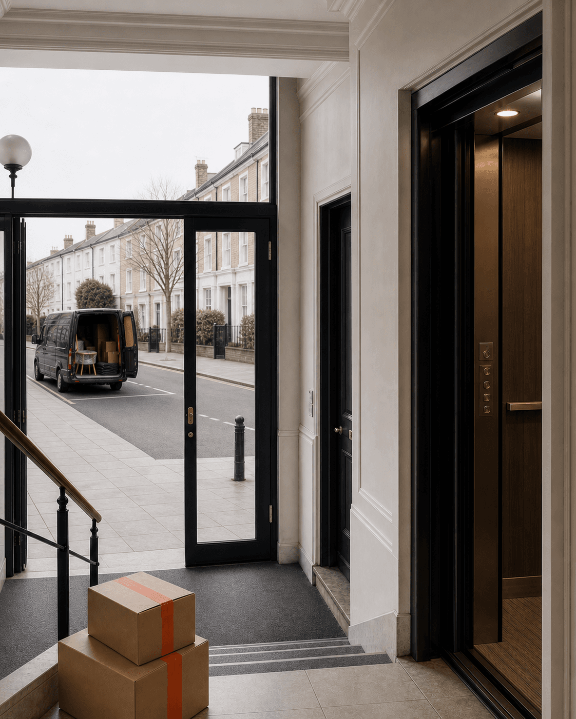 A flat entrance showing stairs, a lift, two moving boxes and a navy van positioned outside near the loading route