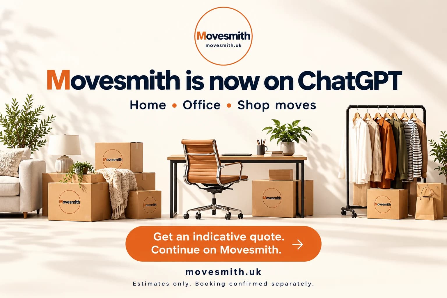Movesmith is now on ChatGPT: home, office and shop moves, with indicative quotes and continuation on Movesmith.