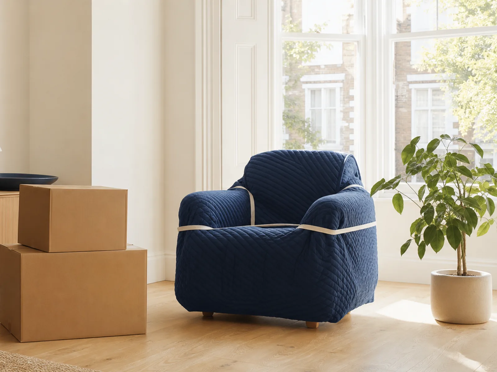 A blanket-wrapped armchair strapped and ready beside stacked moving boxes in a bright, sunlit London living room