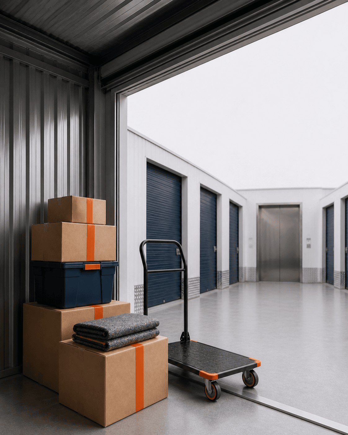 Boxes, a navy storage tote, folded moving blankets and a trolley at the entrance to a self-storage unit