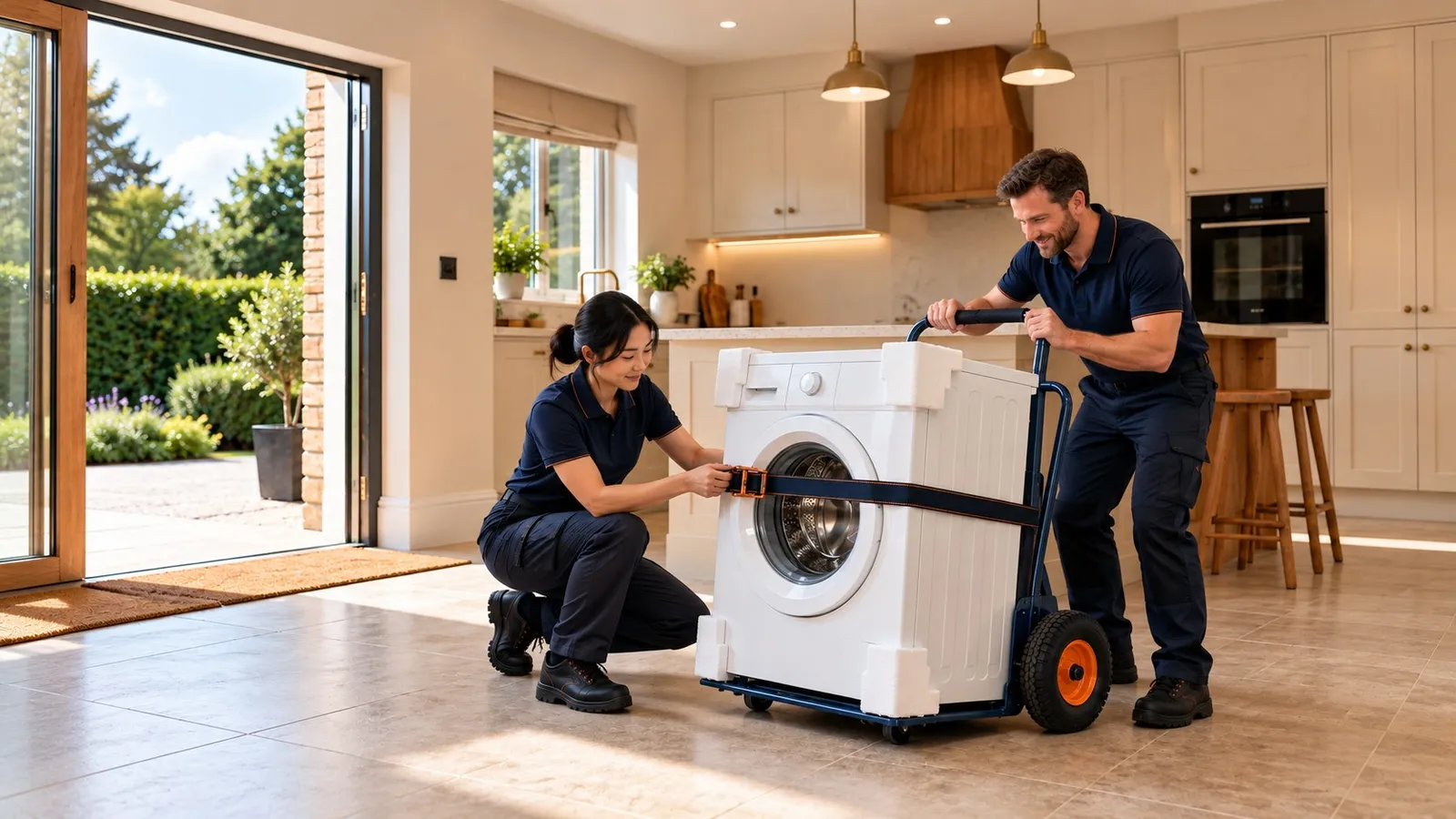 A pair of movers strap a washing machine with foam corner guards to a sack truck in a bright kitchen