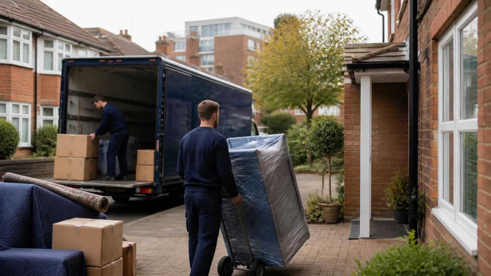 A mover wheels a shrink-wrapped armchair up a block-paved suburban driveway between semi-detached houses while a colleague stacks boxes in the van.