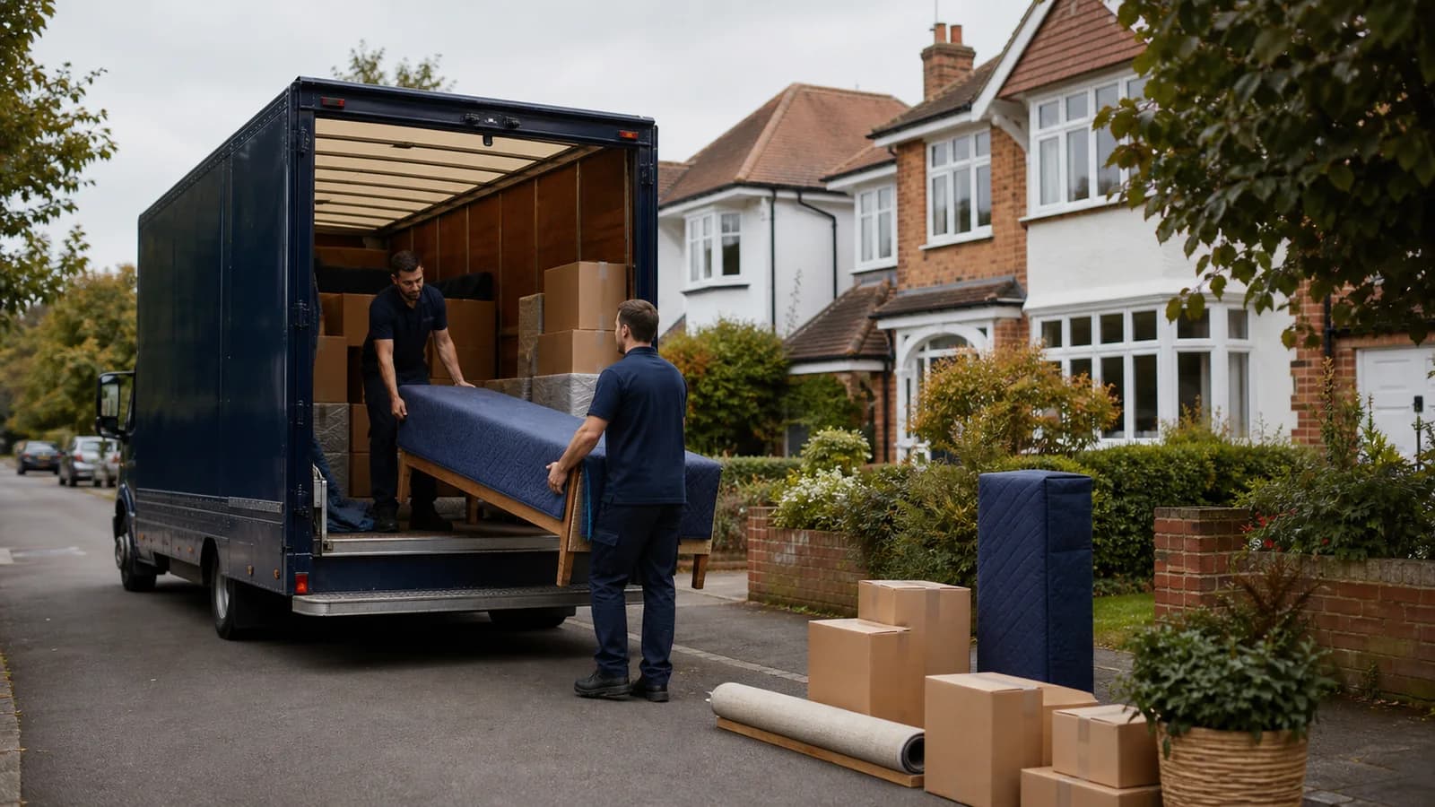 Cardboard boxes and a rolled rug sit on the pavement beside a hedge and a potted plant as two movers unload a wrapped mattress from the open lorry on a quiet residential road.