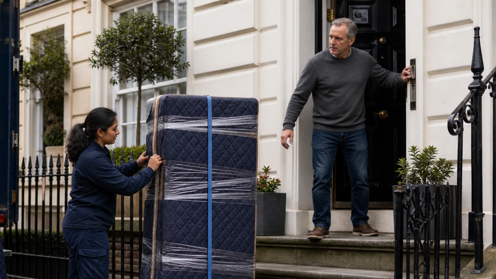A mover steadies a quilt-wrapped wardrobe on a wheeled dolly beside black railings while a man holds open the front door of a townhouse.