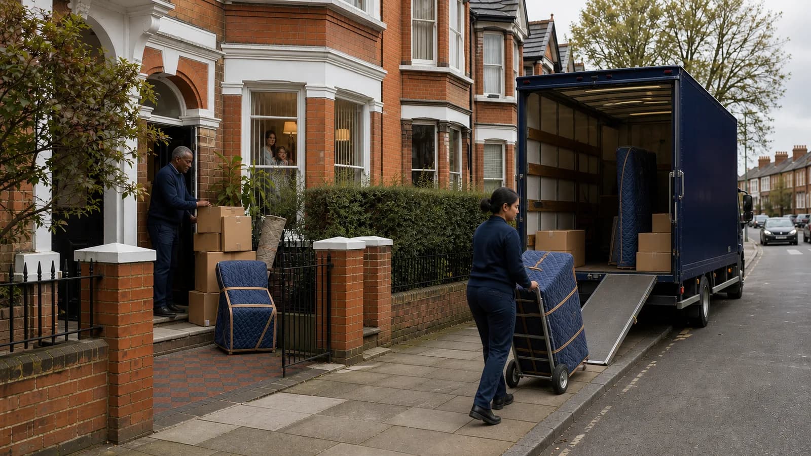 A mover pulls a trolley of quilted-wrapped pieces towards an open van ramp outside red-brick Victorian terraces with clipped hedges.