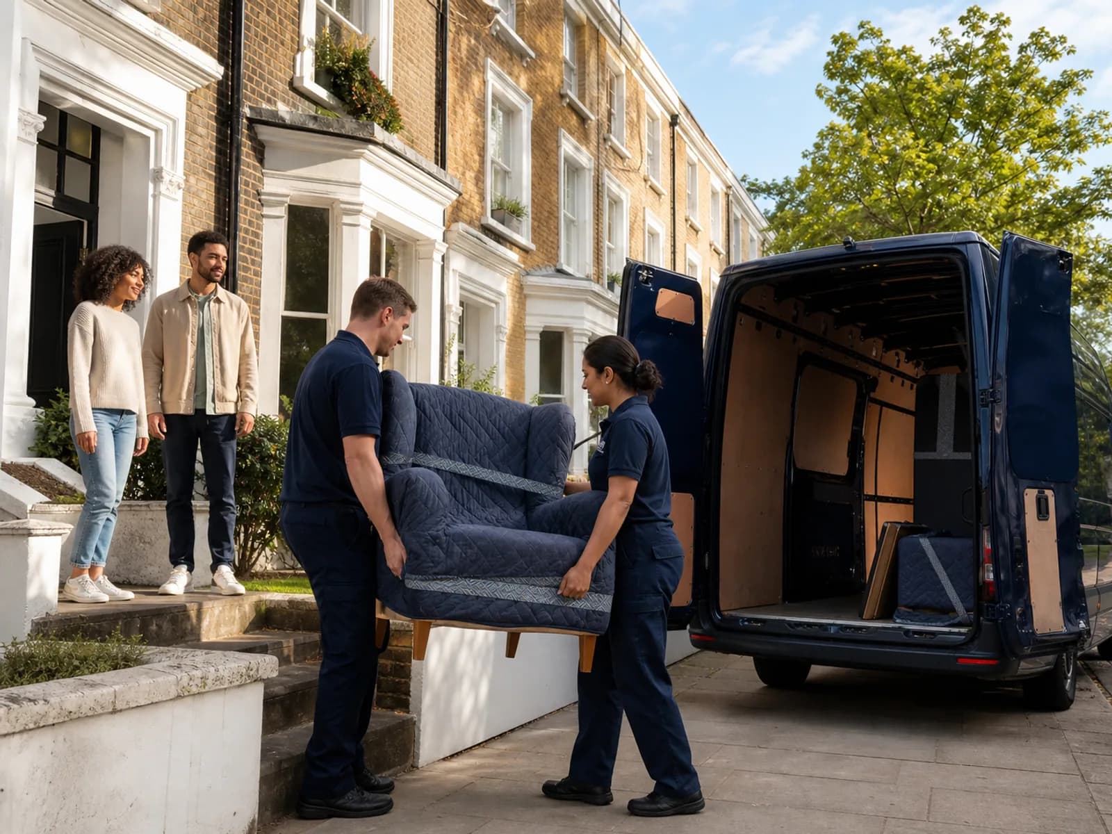 Two movers carry a blanket-wrapped armchair to a navy van outside a white stucco terrace while a couple watch from the steps