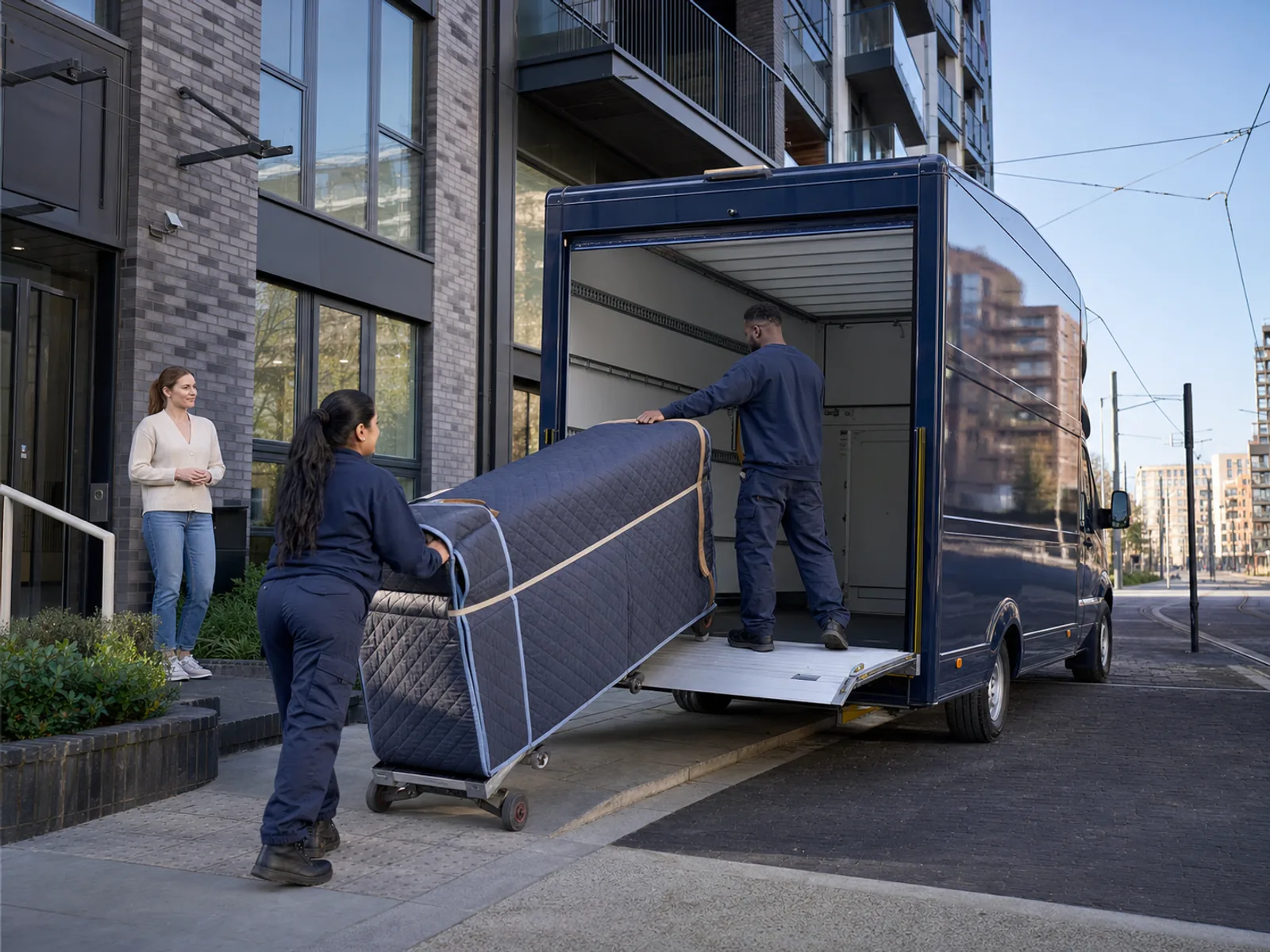 A mover wheels a long quilt-wrapped piece on a dolly to the tail-lift of a navy van outside a modern apartment building with glass balconies, as a resident waits by the entrance.