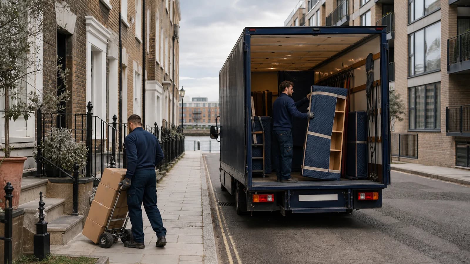 A mover steadies a boxed load on a hand truck by iron railings while a colleague packs the van on a narrow street near the water.