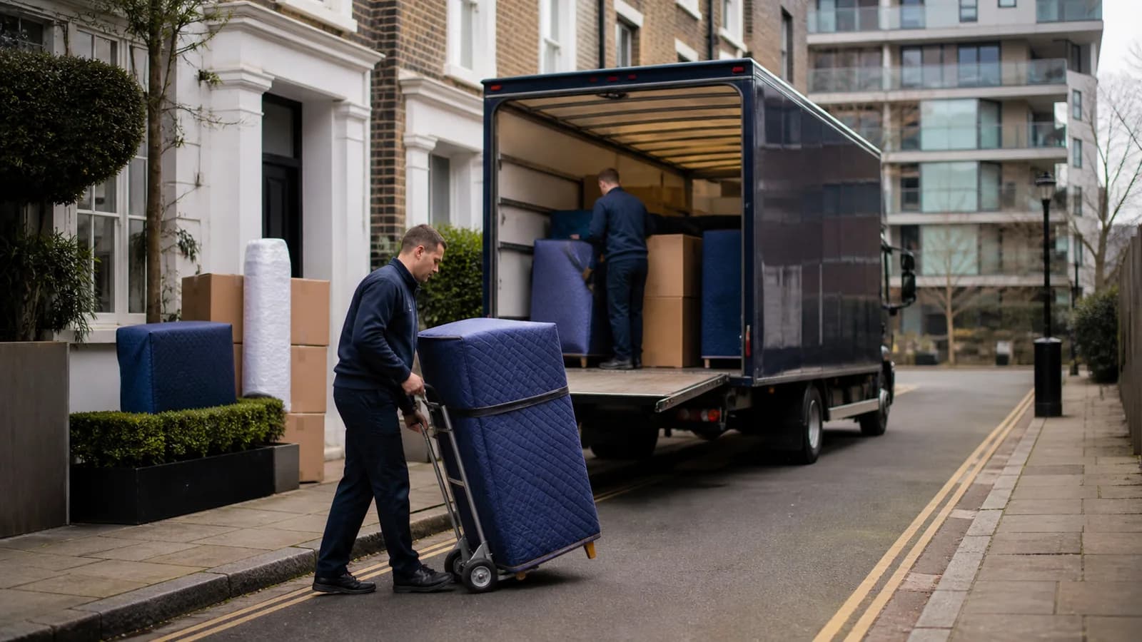 A mover positions a wrapped wardrobe on a trolley beside townhouse steps as the van is loaded on a tree-lined street.