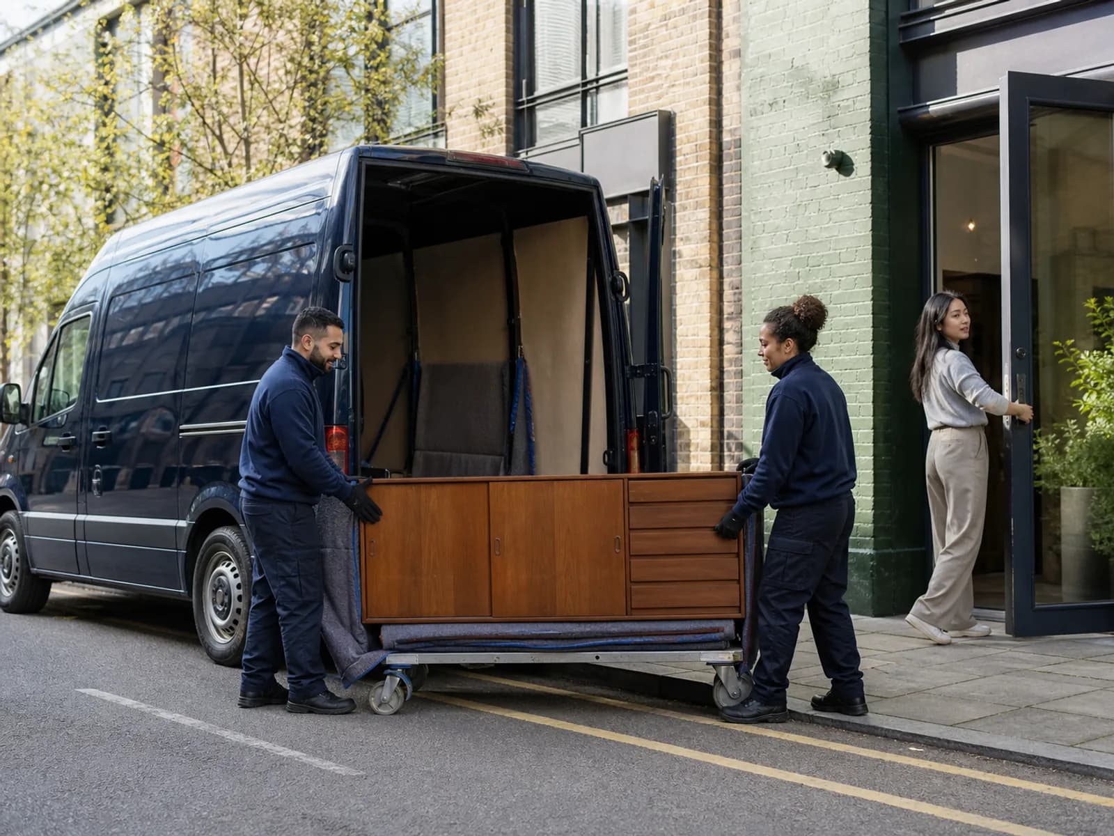 Two movers wheel a wrapped mid-century sideboard on a trolley from a navy van towards a green-tiled Hackney shopfront