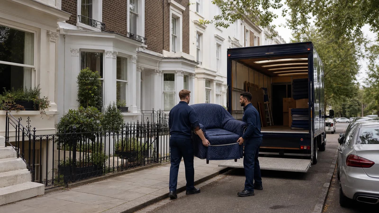 White-painted terraced houses with black basement railings line the pavement where two movers carry a quilt-wrapped armchair to an open removals lorry.