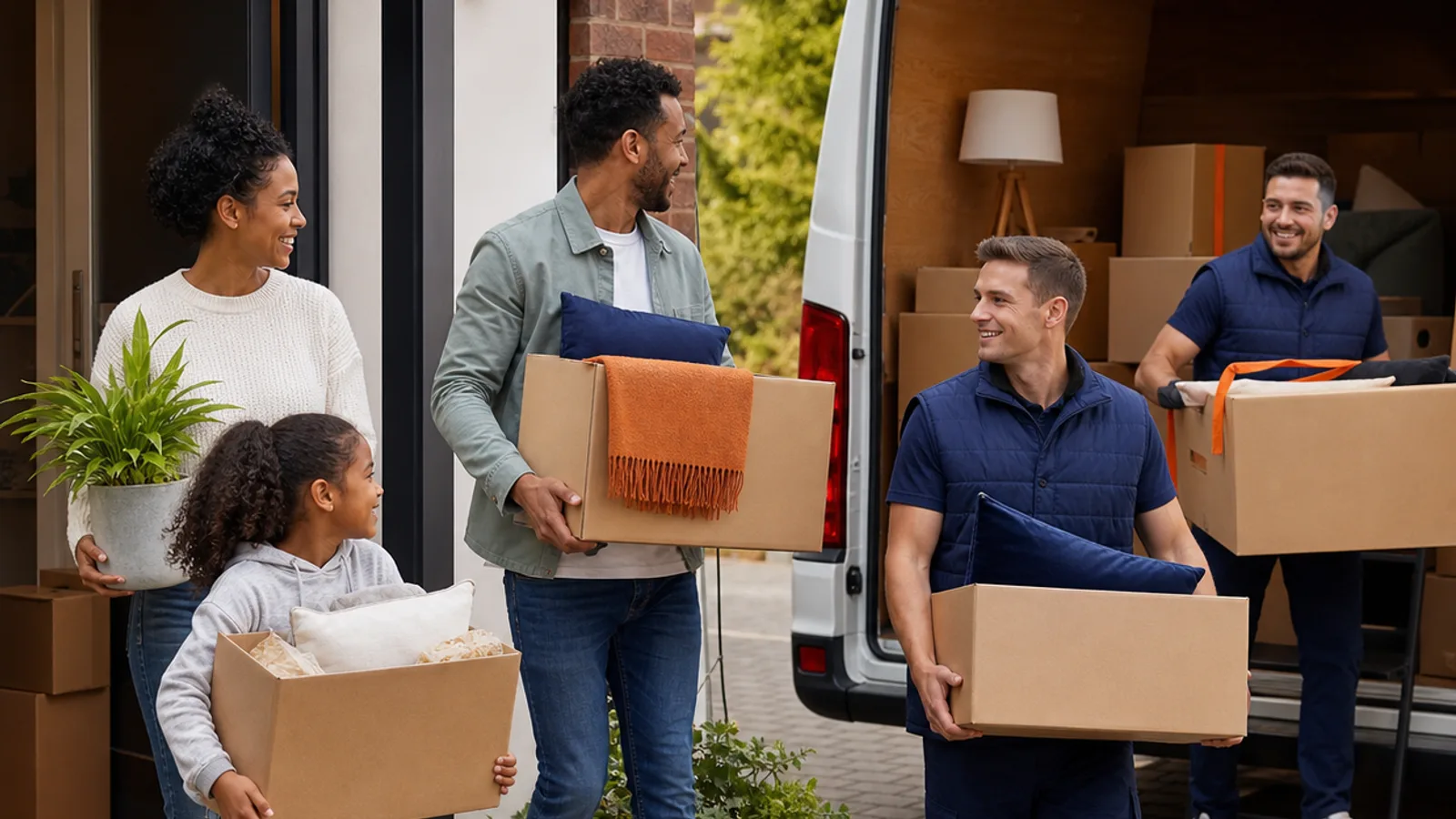 A smiling family carries boxes, a cushion and a houseplant out of the front door while two movers carry boxes from the van, its load of cartons and a lamp behind them.