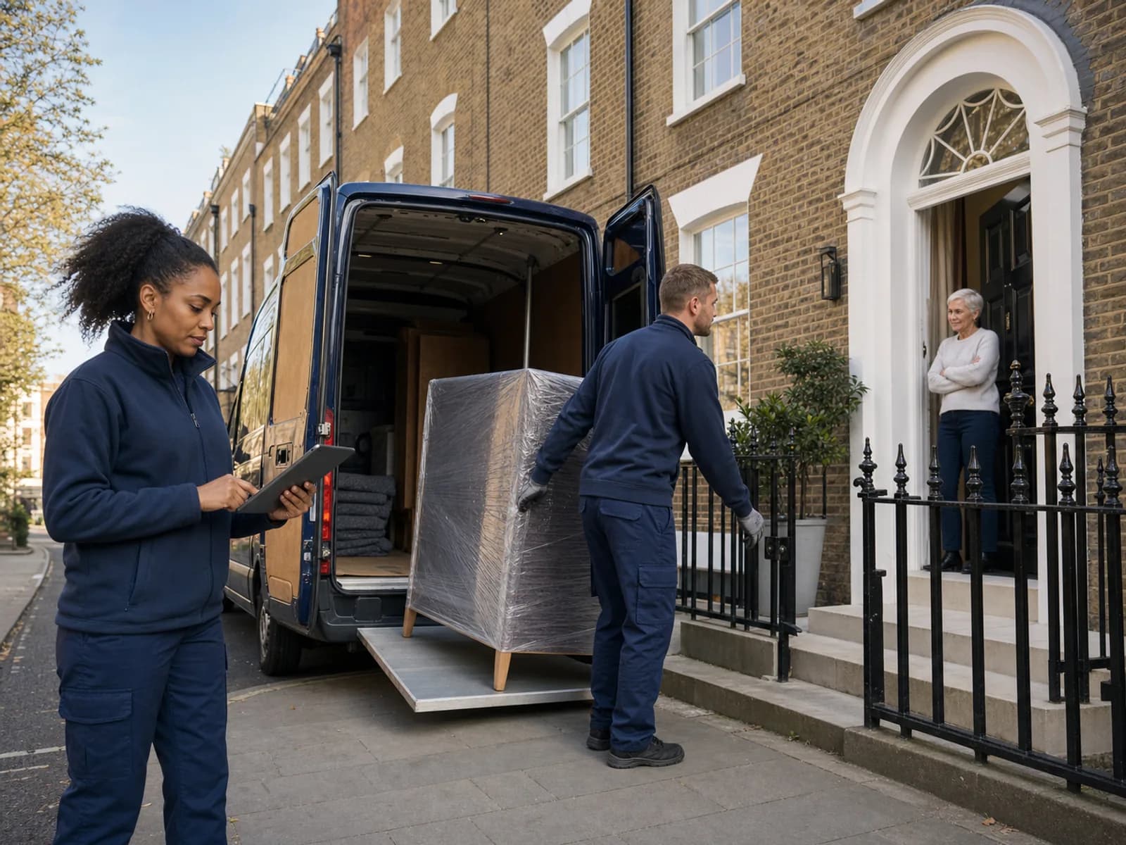 A mover checks a tablet while her colleague guides a shrink-wrapped cabinet down the van ramp, as the resident watches from a Georgian doorway with an arched fanlight.