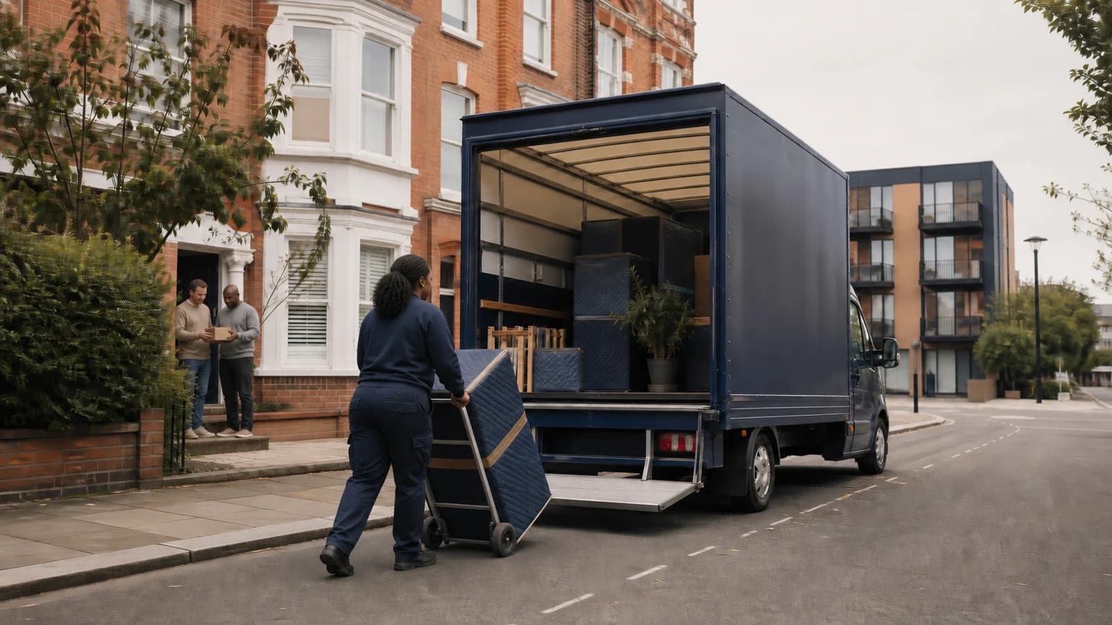 A mover wheels a wrapped board towards the open tail-lift of a Luton van between bay-fronted terraces and newer flats.