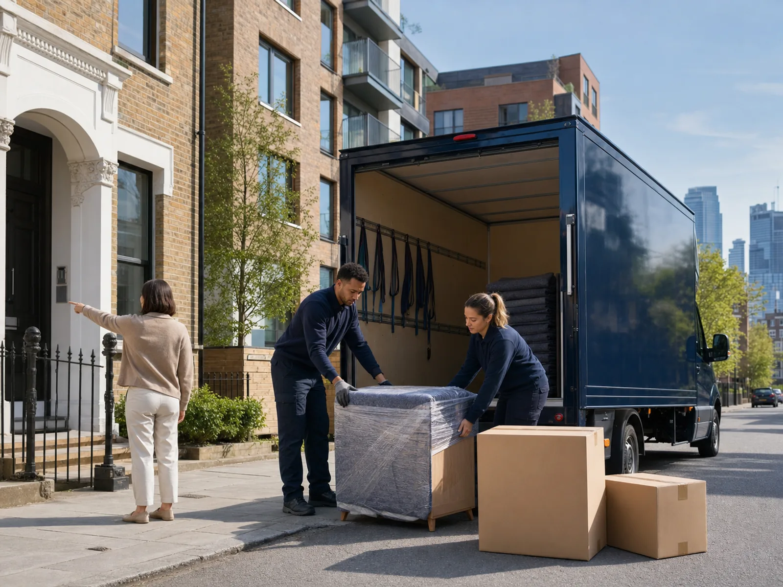 Two movers in navy load a shrink-wrapped cabinet into a Luton van as a customer directs them, Victorian terraces and City towers behind