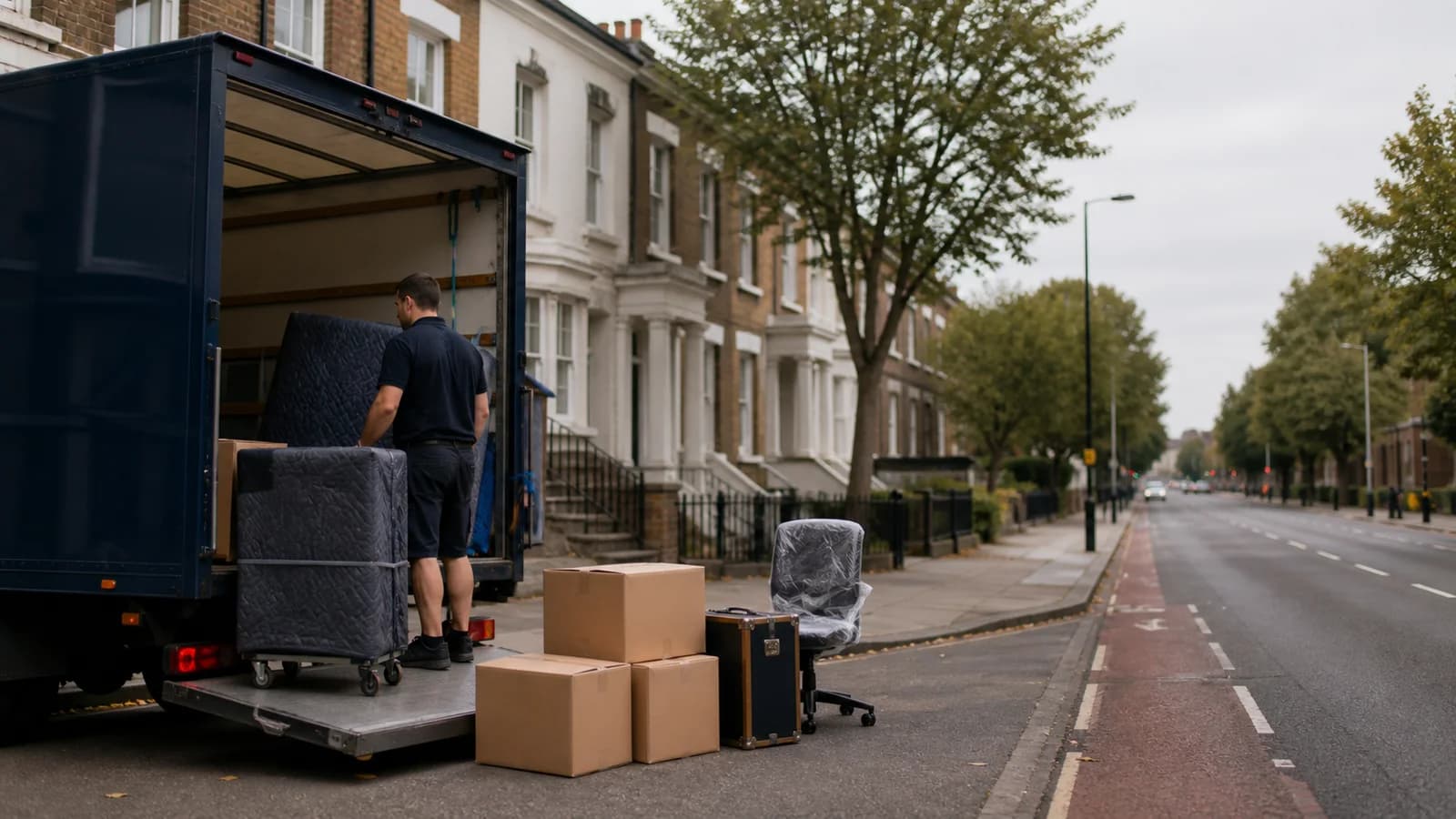 A mover sets a wrapped item on the lorry's tail-lift, with boxes, a case and a wrapped office chair waiting on the pavement of a wide road lined with terraces and trees.