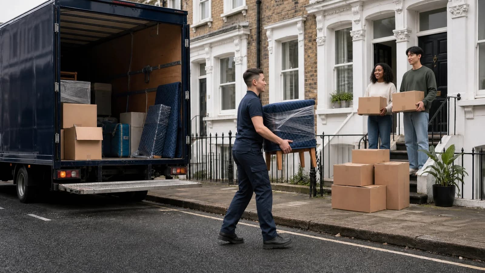 A mover carries a wrapped side table across the road while two people carry boxes down the steps of a stucco-fronted terrace.