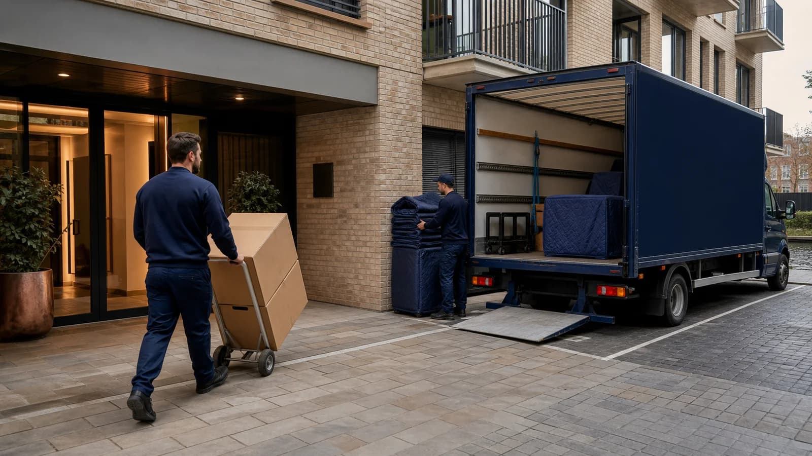 A mover wheels a large box across a paved courtyard towards the van at the entrance of a modern brick apartment block.