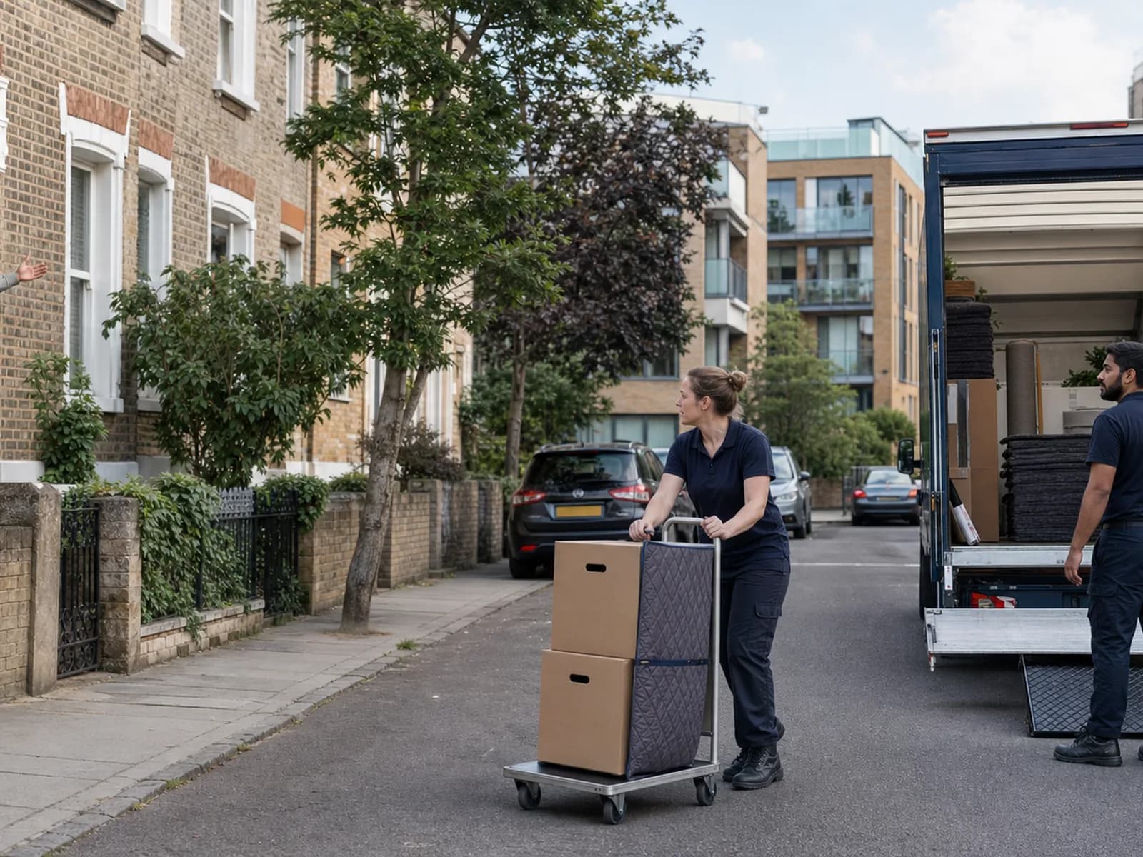 A mover wheels quilted-wrapped boxes across a terraced London street toward the open moving van while a neighbour waves from a doorway