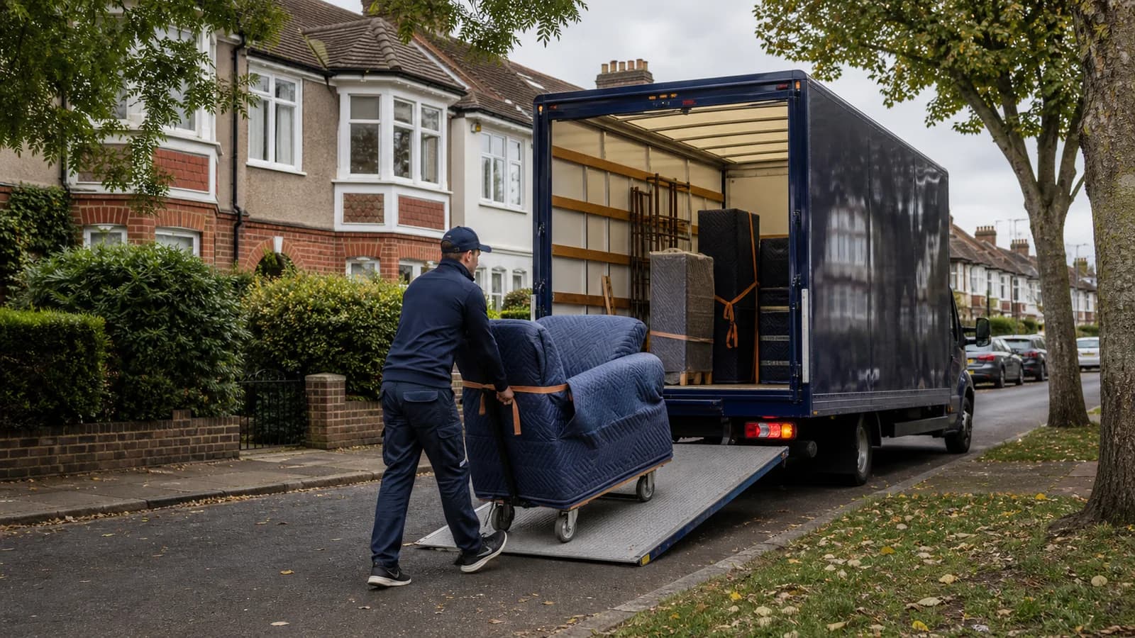 A mover guides a quilted-wrapped sofa on a dolly up the van ramp on an avenue of bay-windowed 1930s semis.