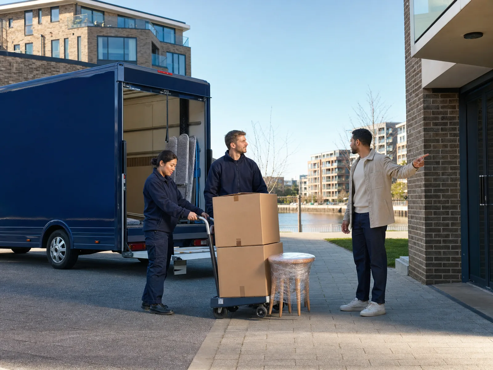 Two movers load boxes and a wrapped stool from a trolley into a navy van beside a Wandsworth riverside development