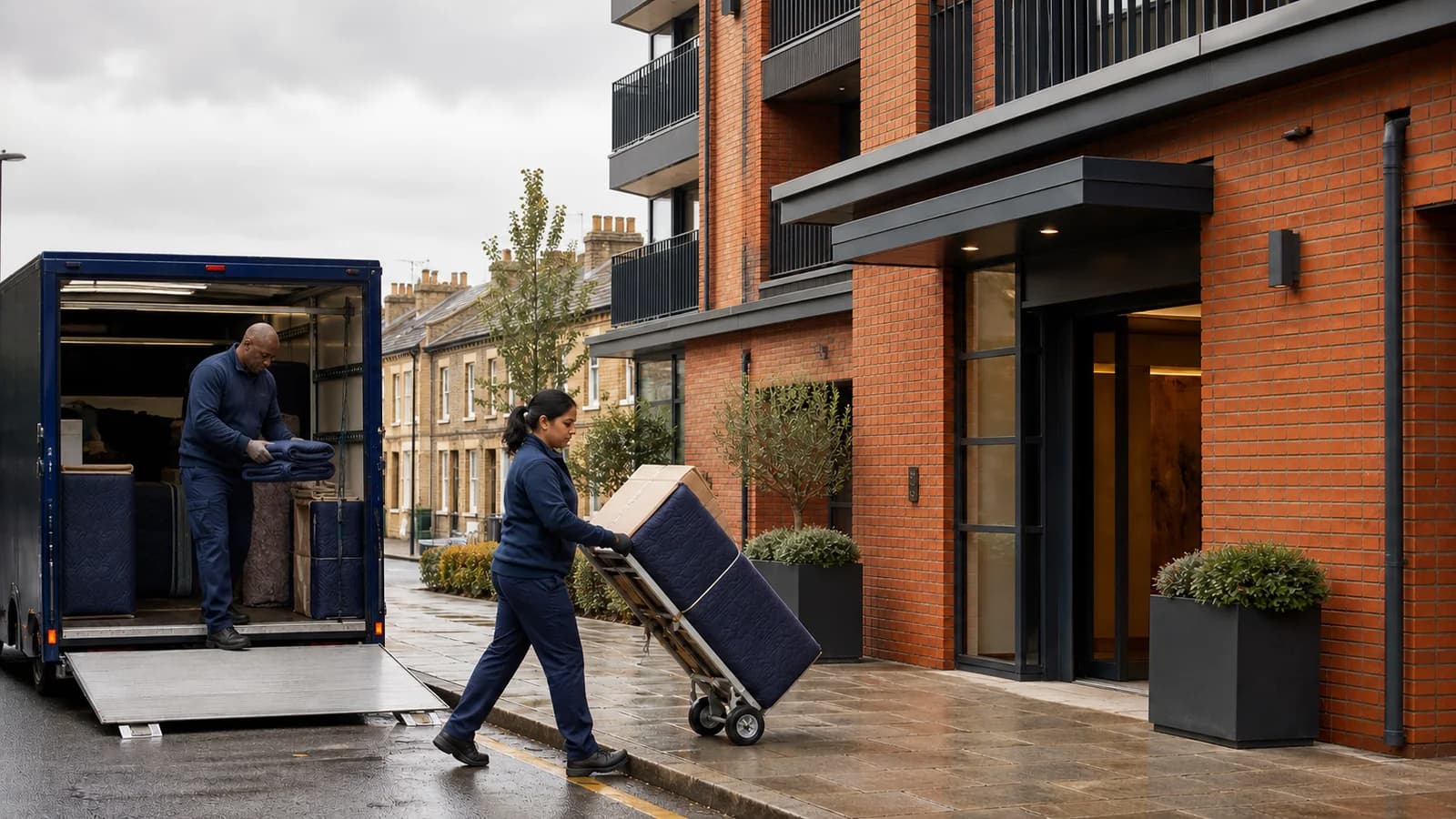 A mover steers a stacked trolley towards a modern red-brick apartment entrance on a rain-slicked street as a colleague unloads the van.