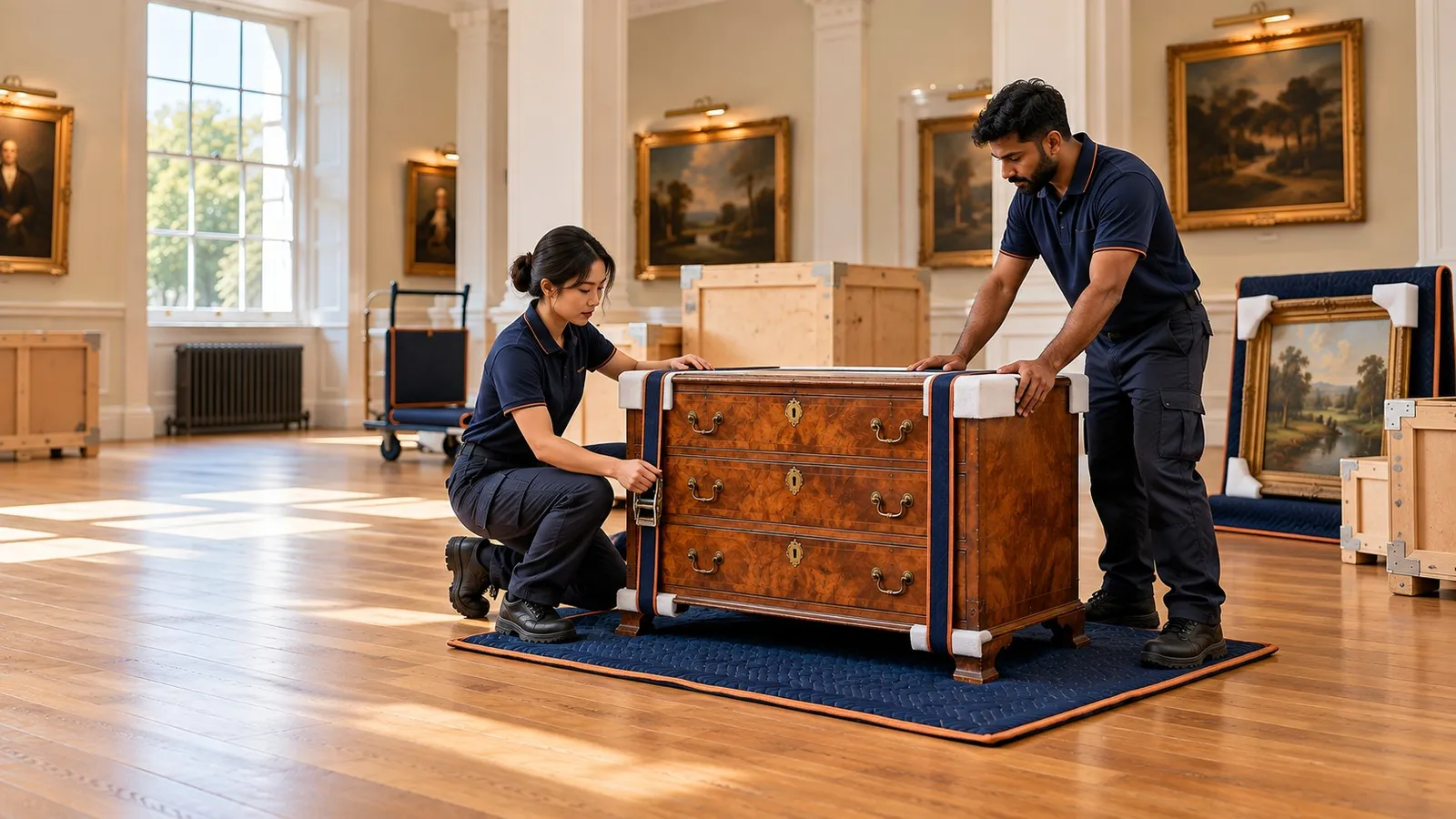 A pair of movers strap an antique walnut chest of drawers on a padded blanket in a saleroom hung with framed paintings