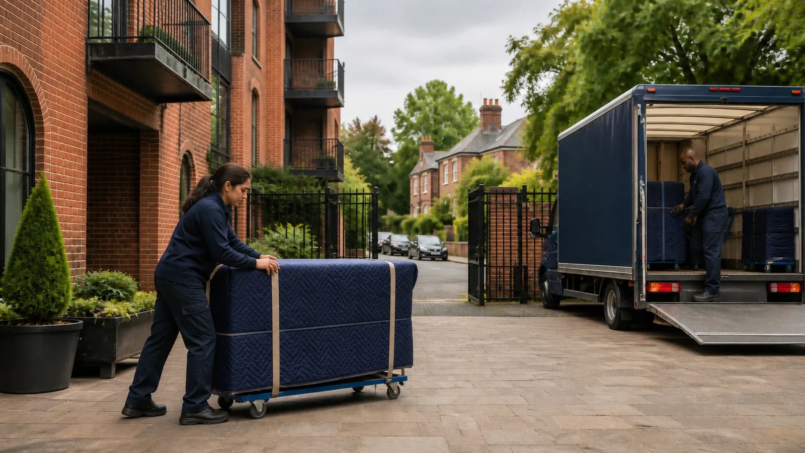 A mover wheels a strapped, quilt-wrapped piece of furniture on a dolly across a paved courtyard while a colleague loads the back of a navy box van.