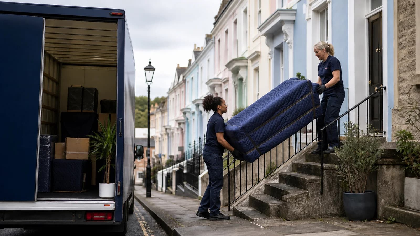 Two movers carry a wrapped mattress down the front steps of a pastel-painted Bristol terrace towards an open removals van.