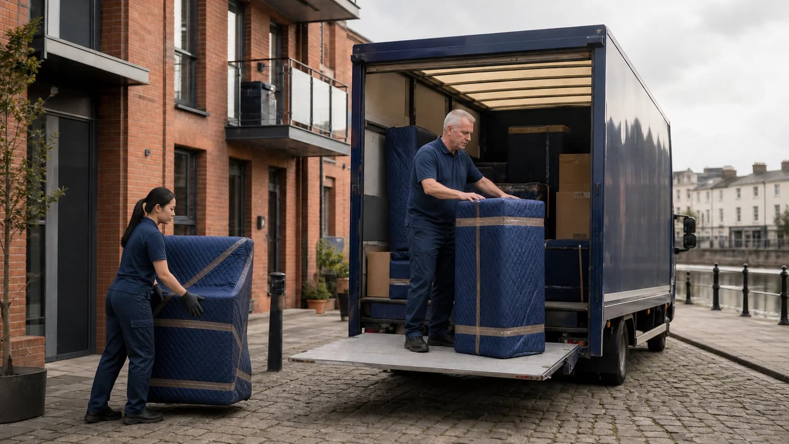 On cobbles beside a riverside railing, one mover steadies a tall wrapped piece while another handles a second on the lorry's tail-lift, outside modern brick apartments with glass balconies.