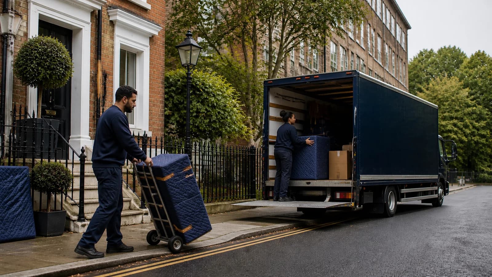 A mover wheels a quilt-wrapped piece on a hand truck past topiary and black railings at the steps of a period house, while a colleague loads the lorry on a tree-lined street.