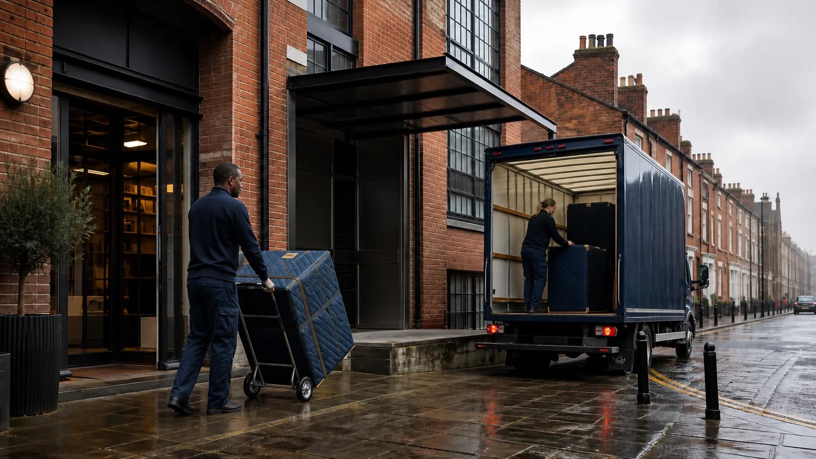 A long row of red-brick terraced houses runs down a rain-wet street as a mover wheels a wrapped piece on a hand truck from a brick building's entrance towards the loaded lorry.