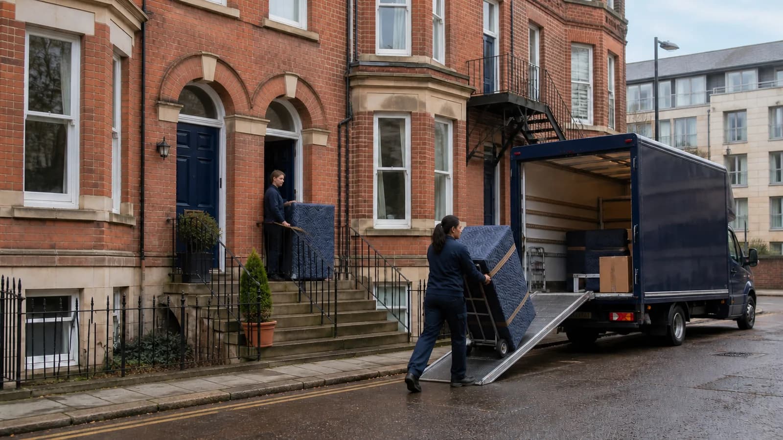 A mover pushes a wrapped item on a hand truck up a ramp into a navy lorry beside large red-brick houses with arched doorways and front steps.