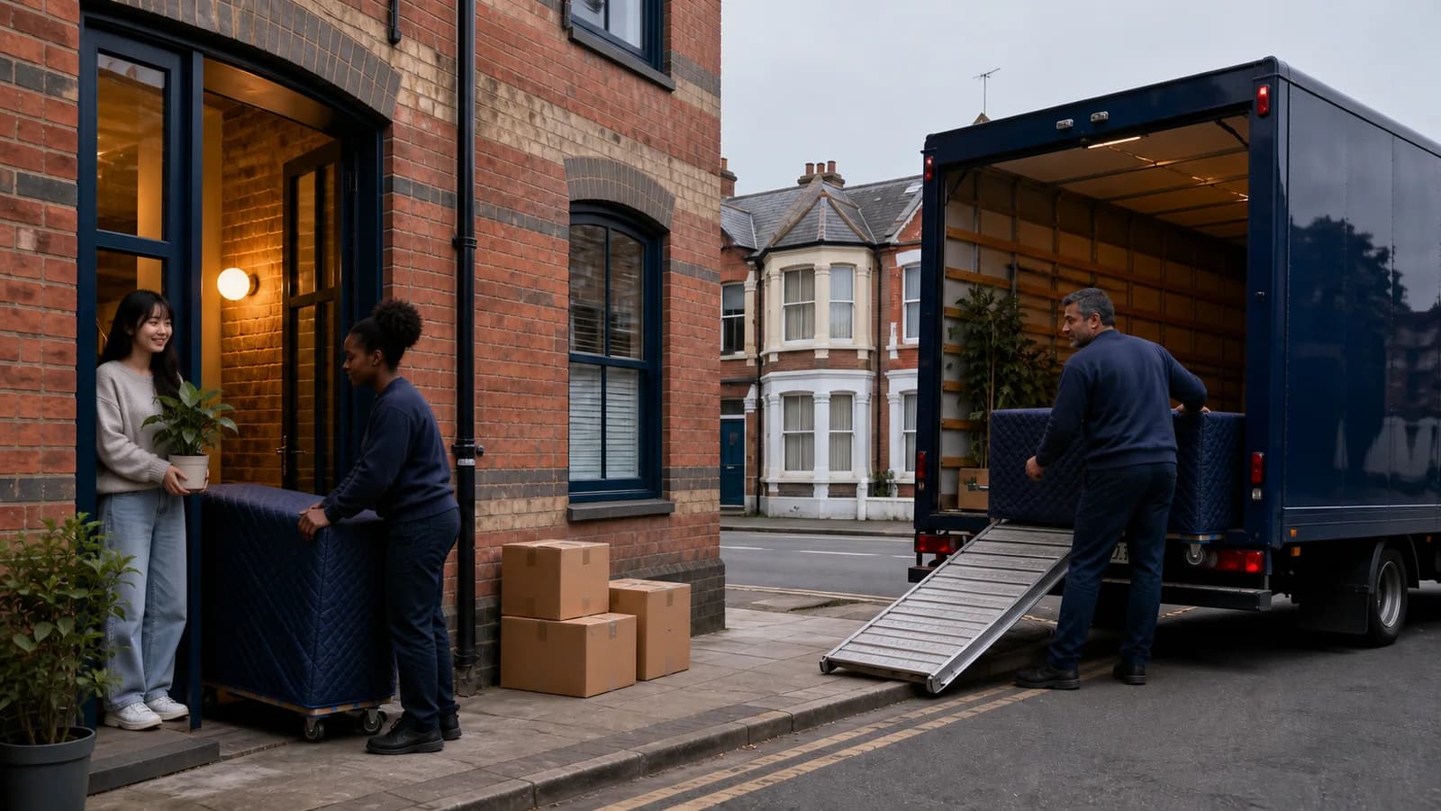 Movers carry a wrapped unit to the door of a red-brick Nottingham terrace while the van ramp waits at the kerb.