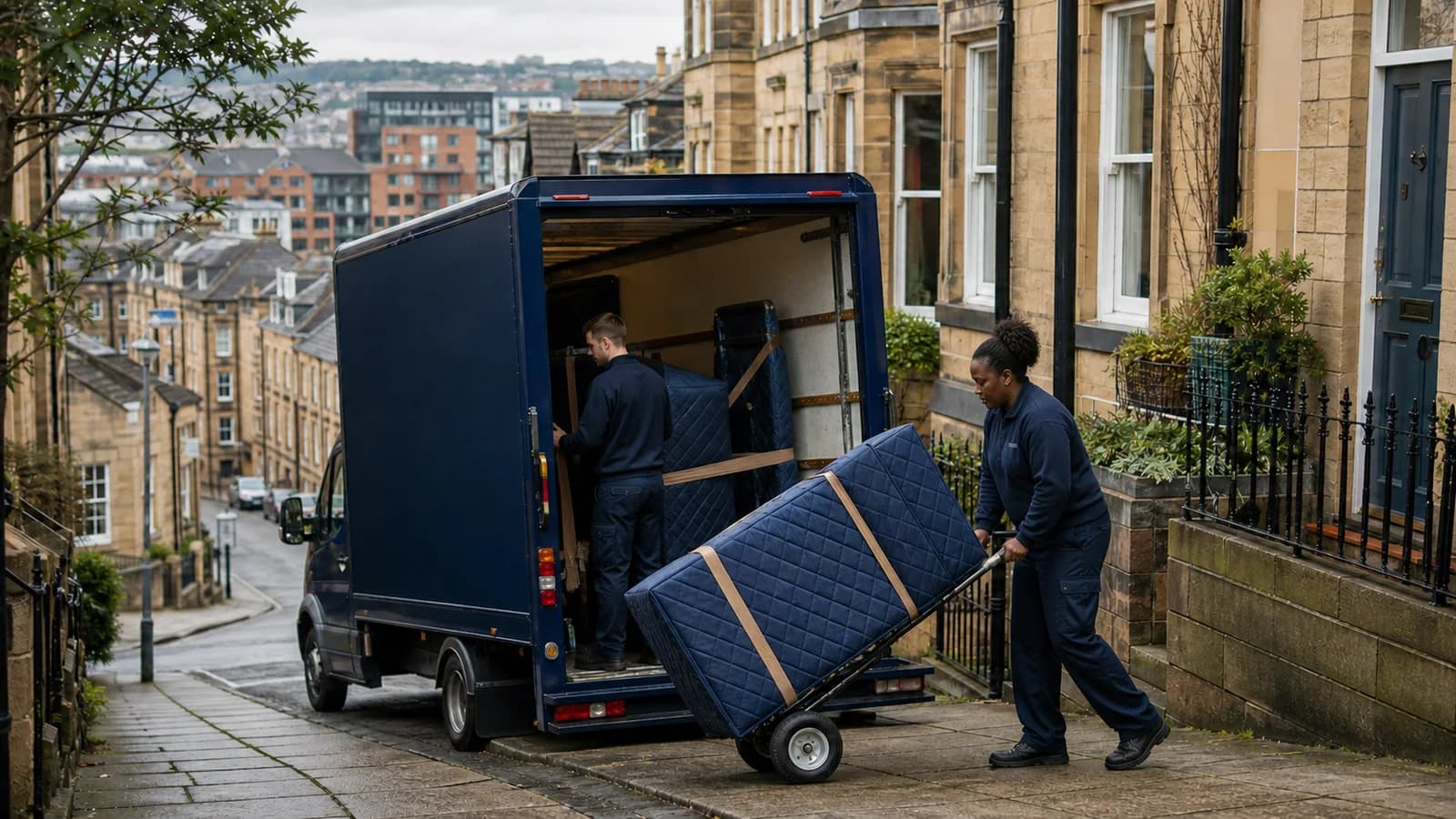Movers guide a strapped, quilt-wrapped piece from an open van on a steep stone-terraced Sheffield hillside street.