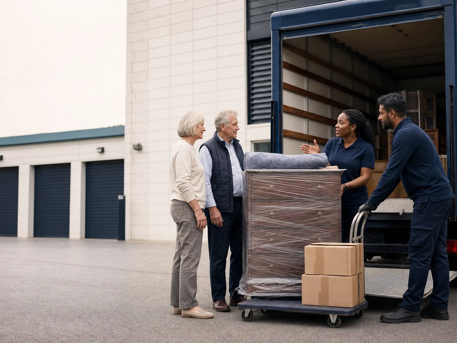 An older couple talk with two movers loading a shrink-wrapped chest of drawers and boxes at a storage facility