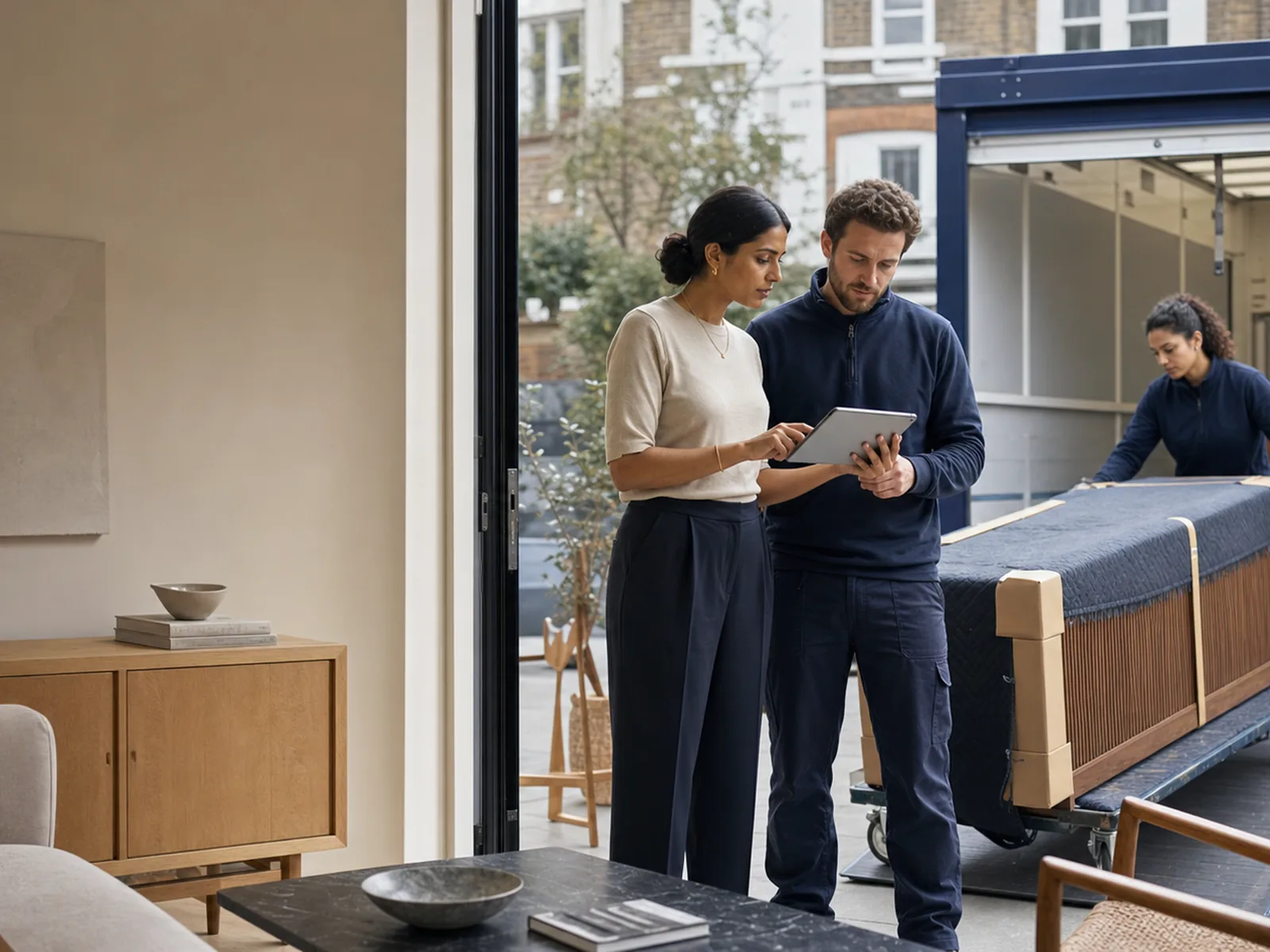 A customer and moving operator confirm delivery details on a tablet while a wrapped sideboard is wheeled to the van outside