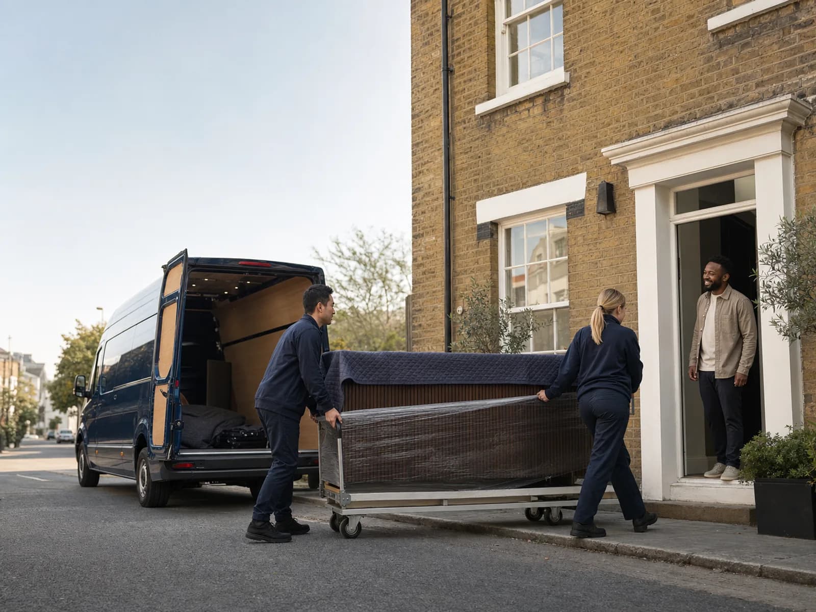 Two movers wheel a blanket-wrapped cabinet on a trolley toward a navy Luton van as a customer waits at the door of a brick terrace