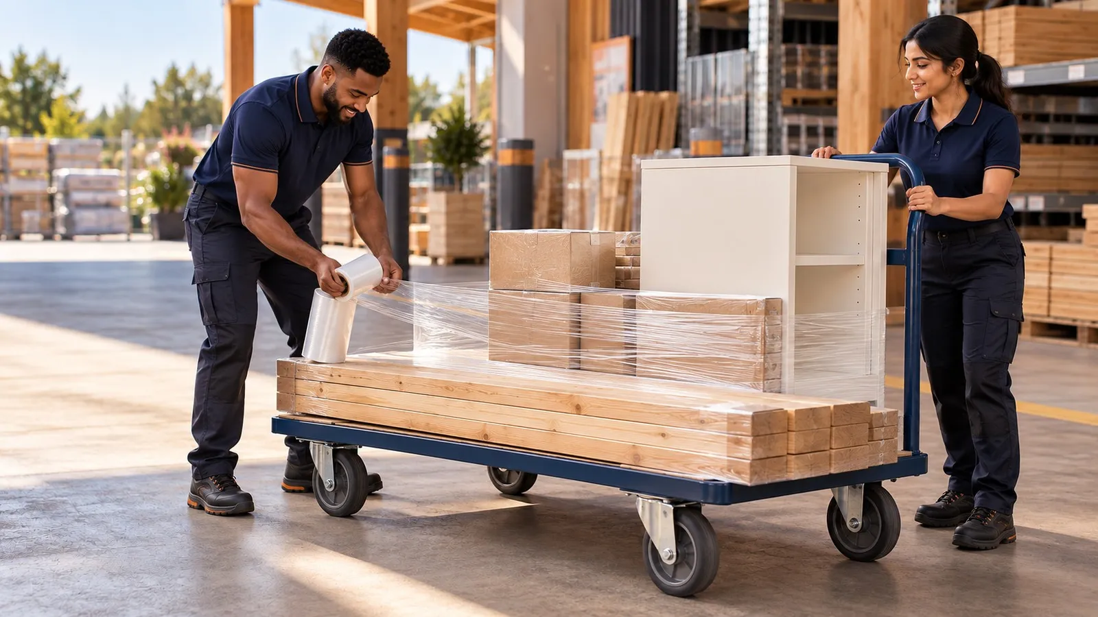 A pair of movers stretch-wrap a load of timber, boxes and a white cabinet on a flatbed trolley in a builders' merchant yard