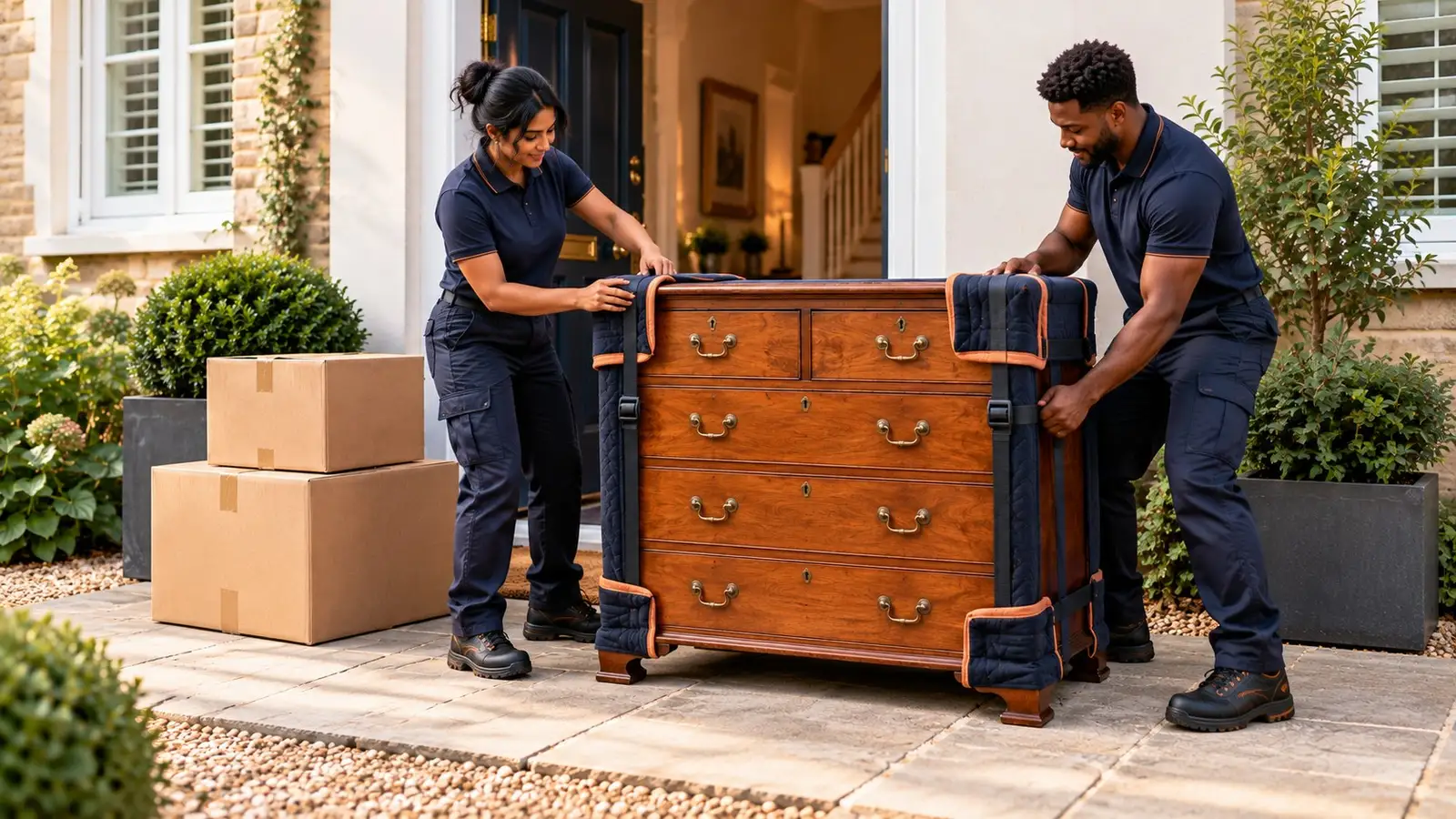 A pair of movers wrap and strap a wooden chest of drawers in navy blankets outside a house, with two boxes beside them