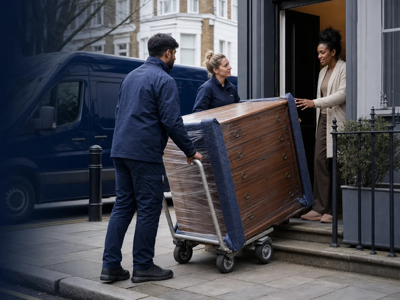 Two movers deliver a wrapped chest of drawers on a trolley to a customer welcoming them at her front door, navy van at the kerb