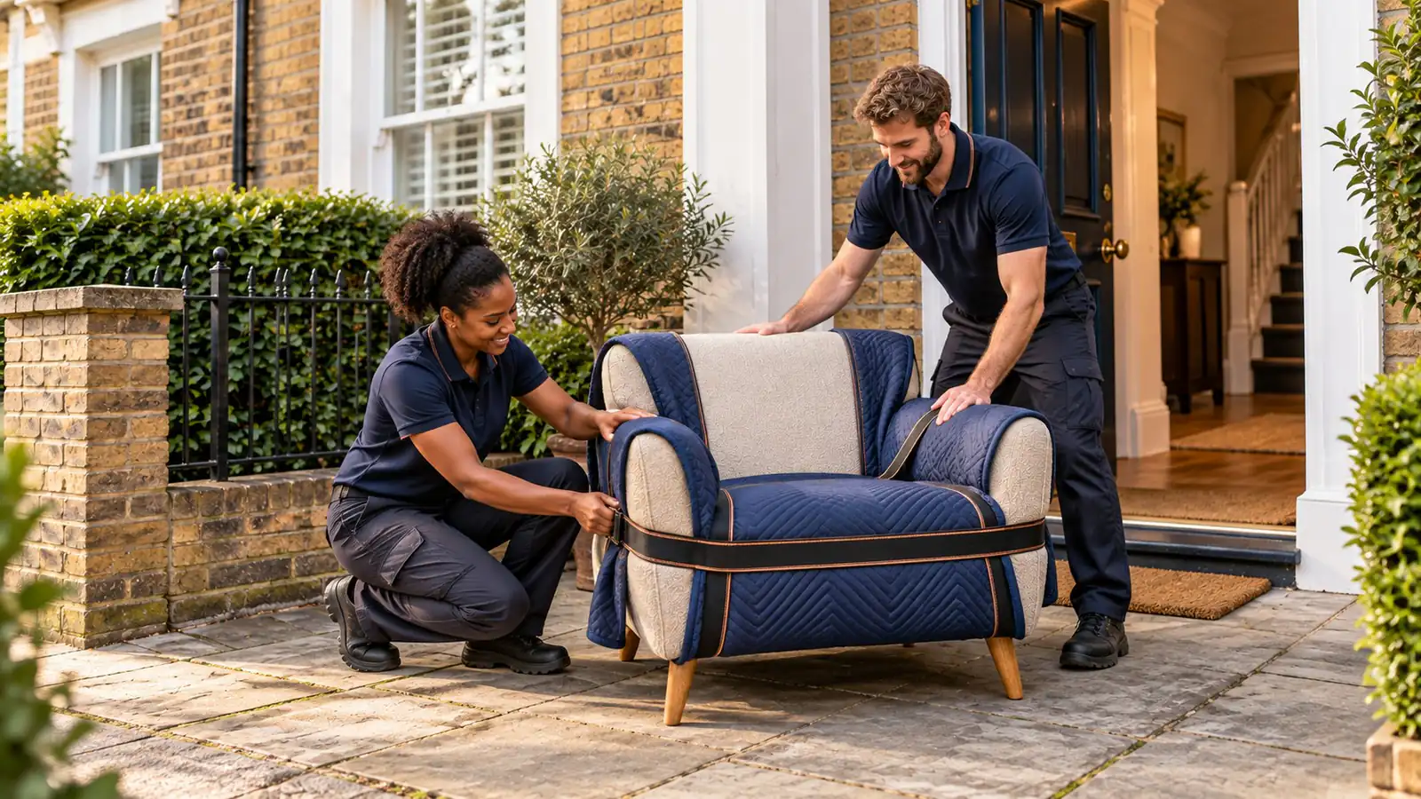 A pair of movers wrap and strap an armchair in navy blankets on the front path of a yellow-brick terraced house