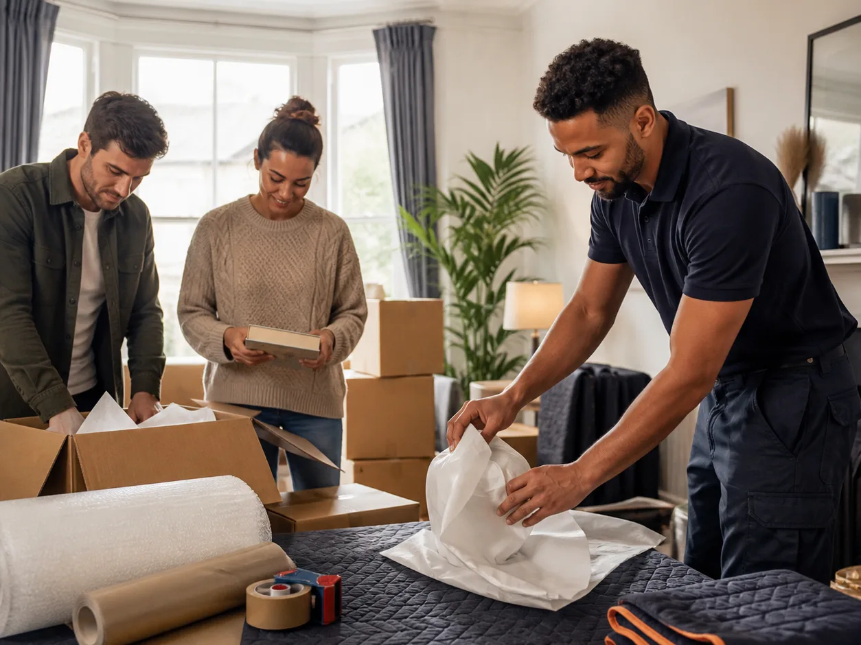 A mover in a navy polo shirt wraps an item in white paper on a quilted blanket while two people pack books into boxes in a bright bay-windowed living room