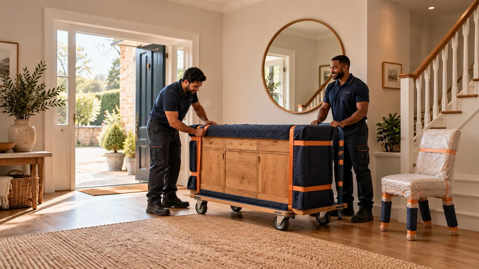 A pair of movers strap a blanket-wrapped wooden sideboard on a dolly in a hallway, beside a wrapped dining chair